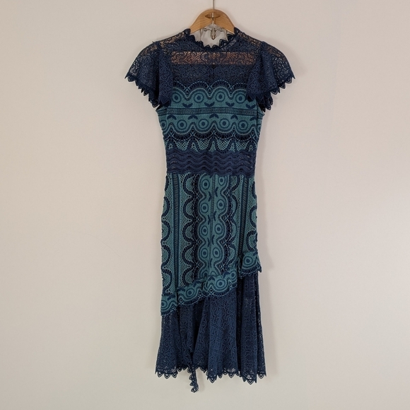 Sea New York Dress Womens 2 Blue Teal Lola Lace Sheath Flounce Hem Midi FLAW - Picture 1 of 7